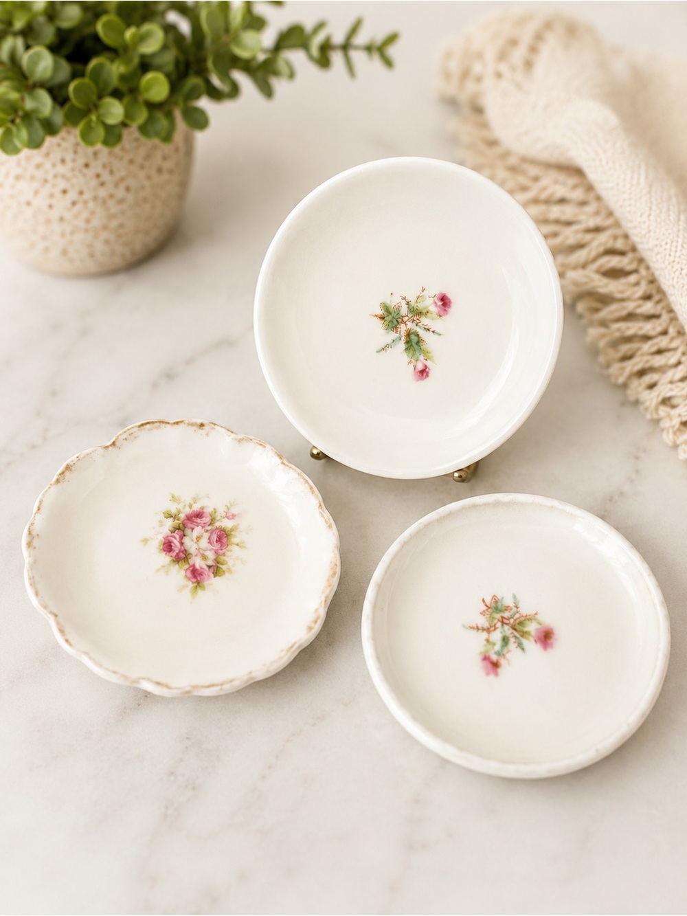 White Ceramic Rose Accent butter pat  Dishes - Set of 3